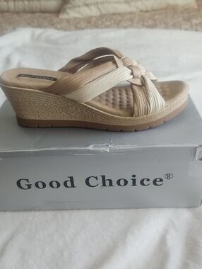 Good Chic Beige and Tan Knotted Wedge Slide Sandals